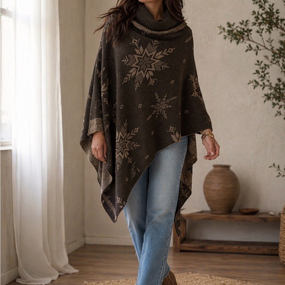 Cozy Snowflake Knit Poncho Cape in Dark Brown